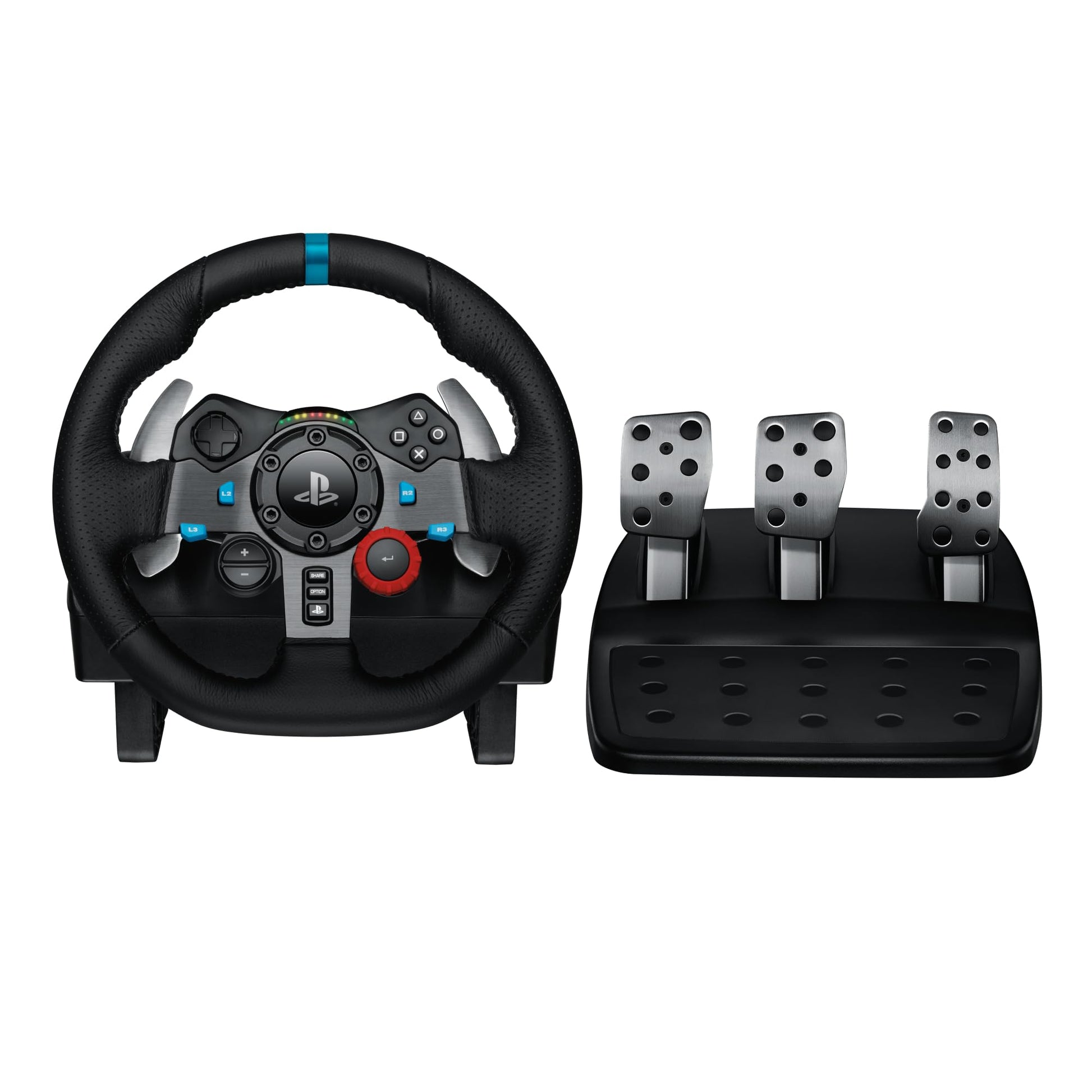 Logitech G G29 racing wheel with floor pedals, stainless steel paddle shifters, black steering wheel cover, compatible with PS5, PS4, PC, Mac