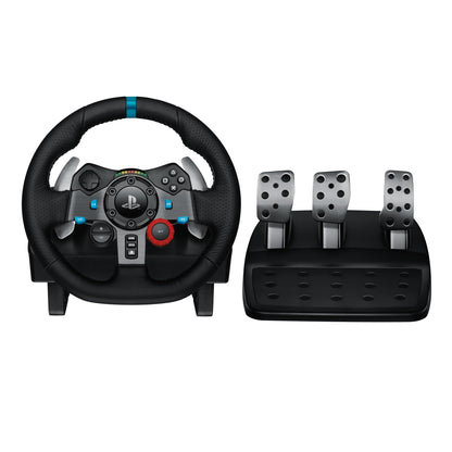 Logitech G G29 racing wheel with floor pedals, stainless steel paddle shifters, black steering wheel cover, compatible with PS5, PS4, PC, Mac