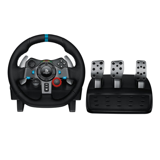 Logitech G G29 racing wheel with floor pedals, stainless steel paddle shifters, black steering wheel cover, compatible with PS5, PS4, PC, Mac