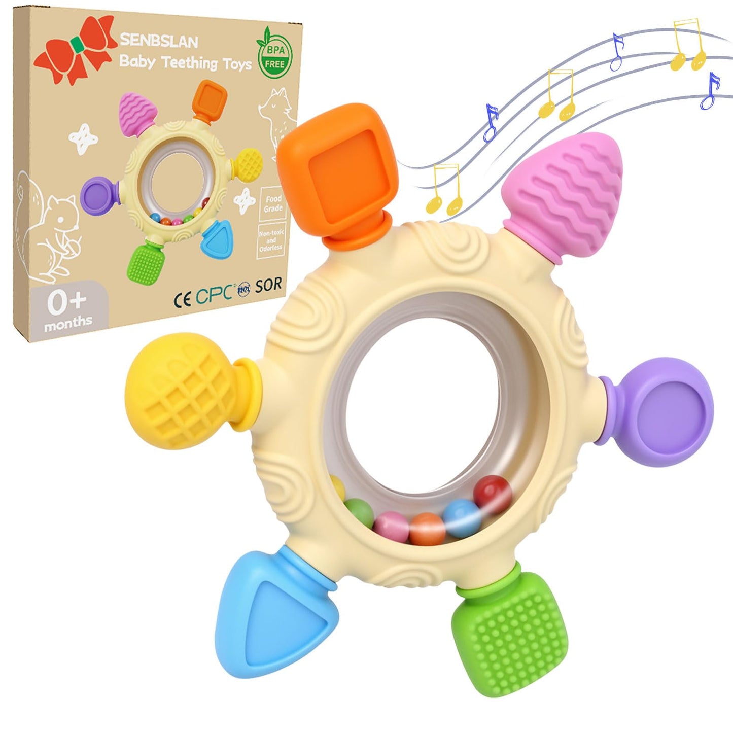 SENBSLAN silicone baby teething toy, rattle teether in vibrant colors, designed for infants 0-12 months, BPA-free.