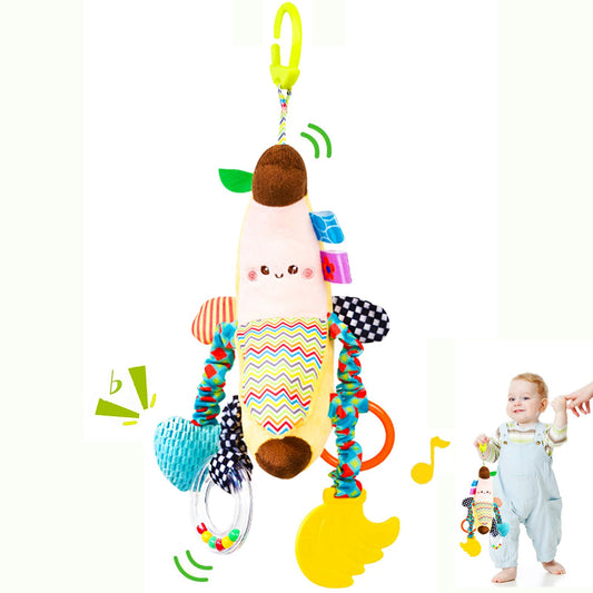 Felly clip-on plush pram toy with hanging rattle for babies, sensory activity for newborns, suitable for car seats and strollers.