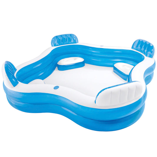 Intex Inflatable Swim Center Family Lounge, 90x90 inches, multi-color pool float with seating for family enjoyment.