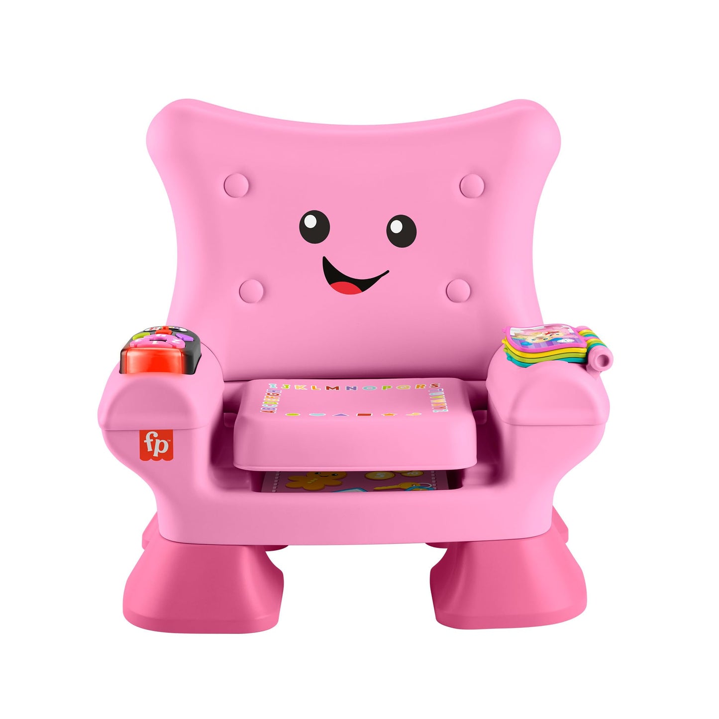 Fisher-Price Laugh & Learn toddler learning toy Smart Stages chair in pink with music, lights, and activity buttons for ages 1+ years.