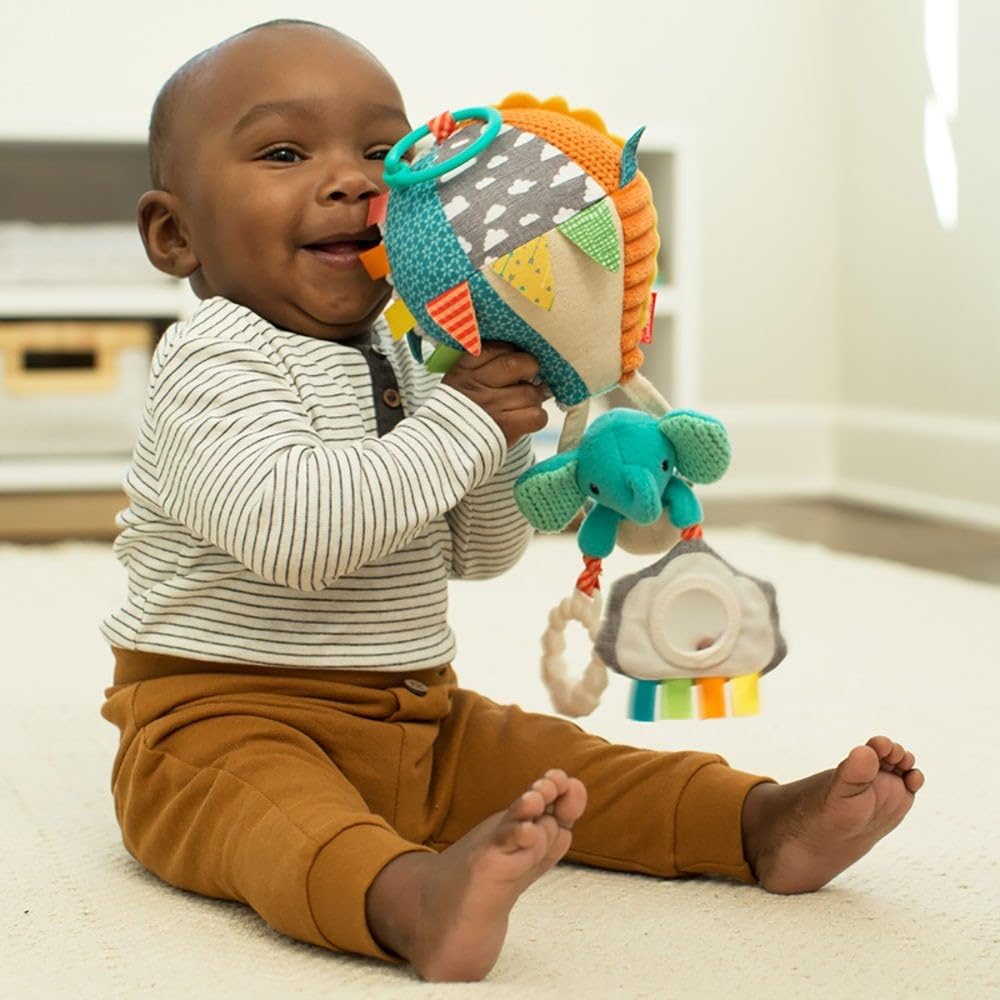 Infantino Go Gaga Playtime Pal hot air balloon sensory toy with clip, mirror, and teether for newborns on prams and pushchairs.