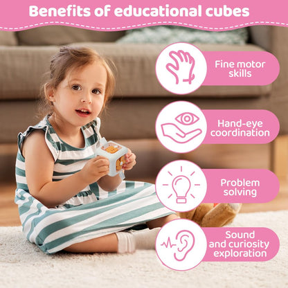 Ainiv activity busy cube baby toy with colorful buttons, gears, and beads for sensory and fine motor skill development in toddlers.