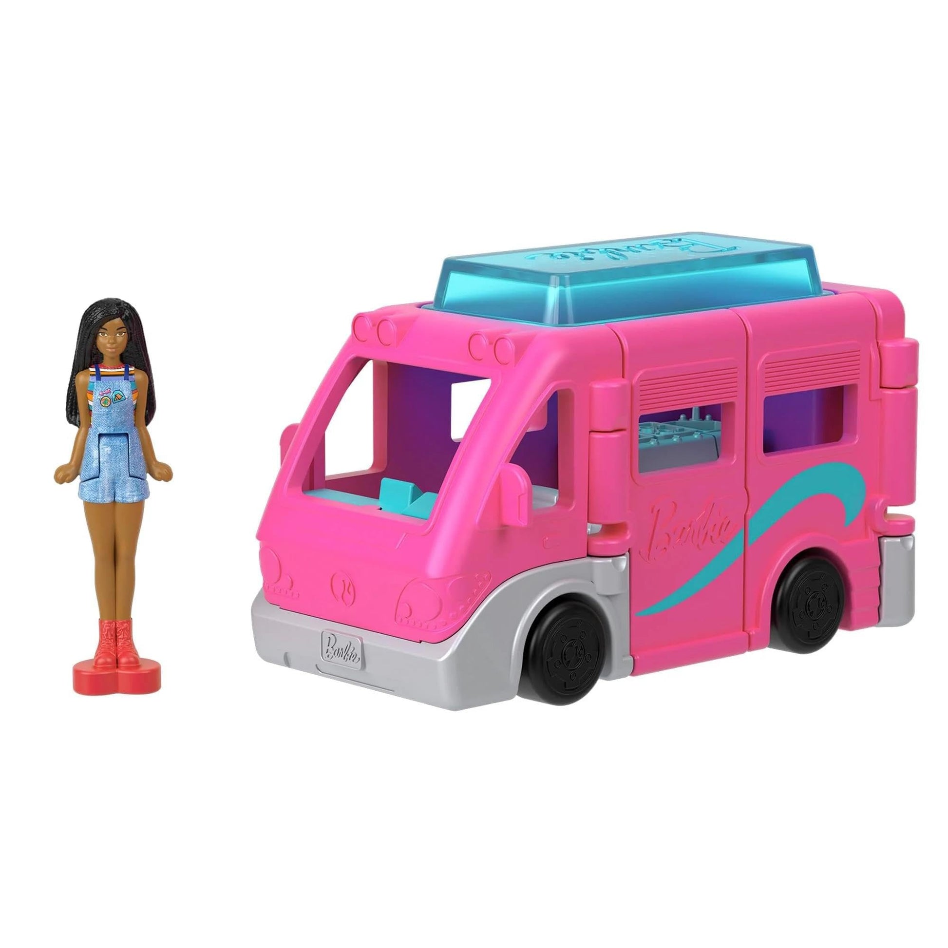 Mini BarbieLand doll and toy vehicle set with 1.5-inch Barbie doll, dream camper, working doors, and color-change pool from Barbie.