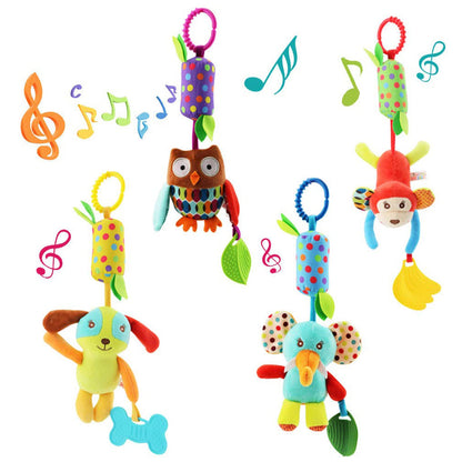 Set of four wohot baby pram toys including plush animals, rattles, wind chimes, and teethers for newborns and infants.