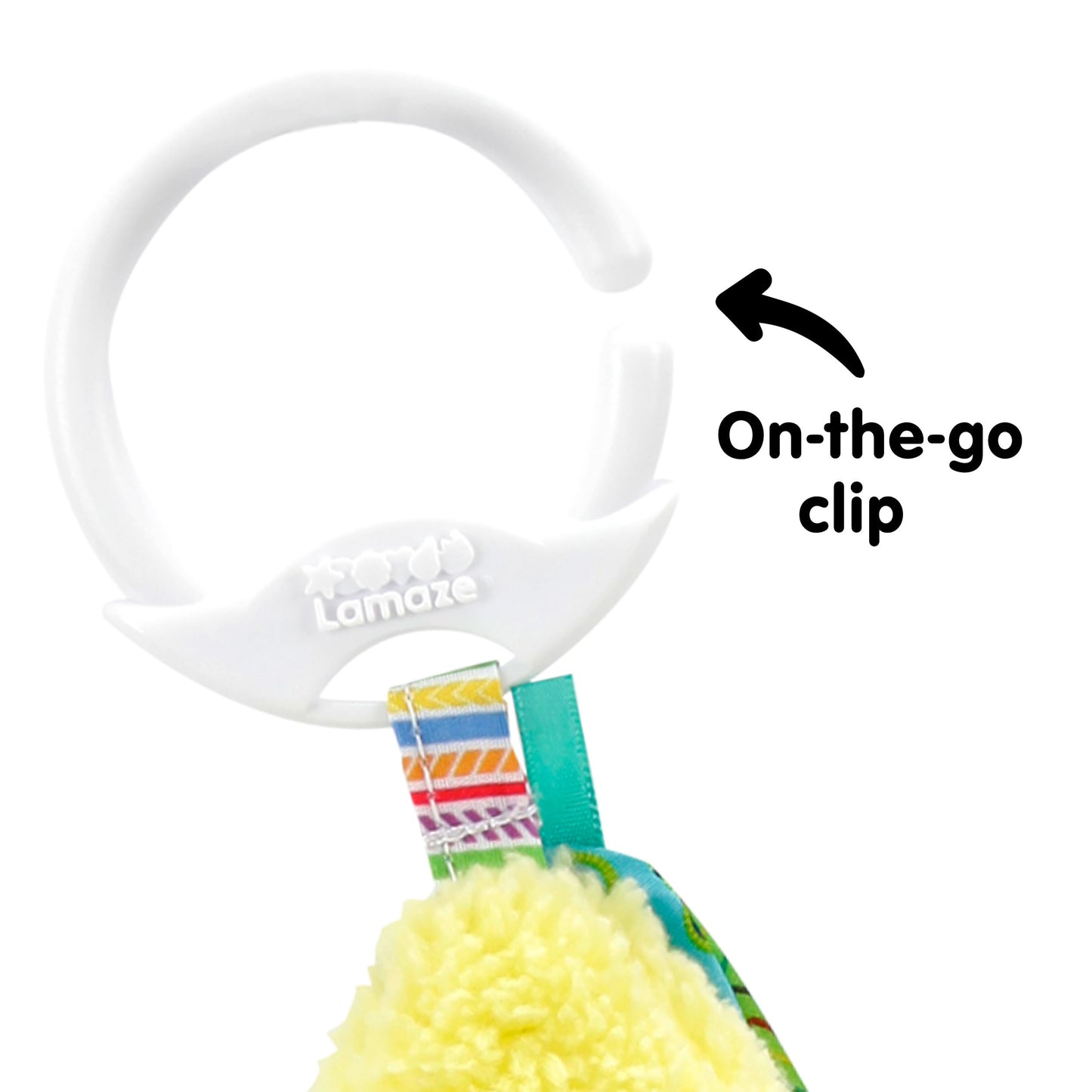 LAMAZE Bea the Banana sensory clip-on toy with colorful beads and sounds for newborns and babies up to 24 months.