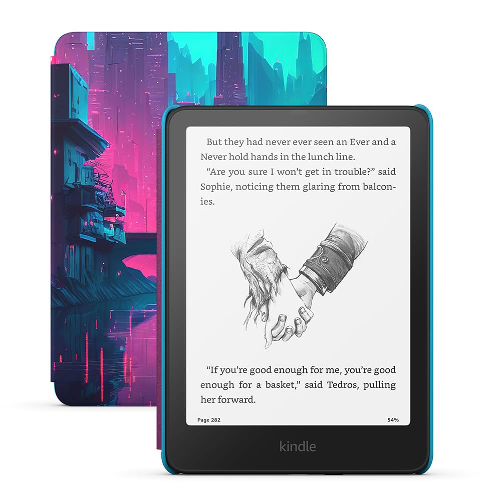 Amazon Kindle Paperwhite Kids e-reader with larger glare-free display, 16GB storage, in Cyber City color, designed for children's reading.