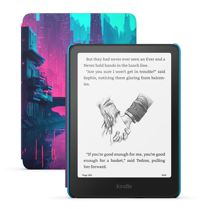 Amazon Kindle Paperwhite Kids e-reader with larger glare-free display, 16GB storage, in Cyber City color, designed for children's reading.