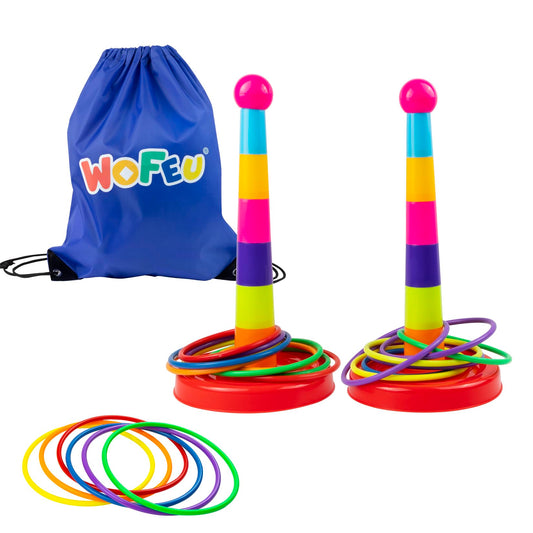 WOFEU Ring Toss Game for Kids with 18 Throwing Rings and Travel Bag, Colorful Tossing and Active Play Set,Garden Games Outdoor Play Equipment for Children,Quick Setup for Indoor and Outdoor Use