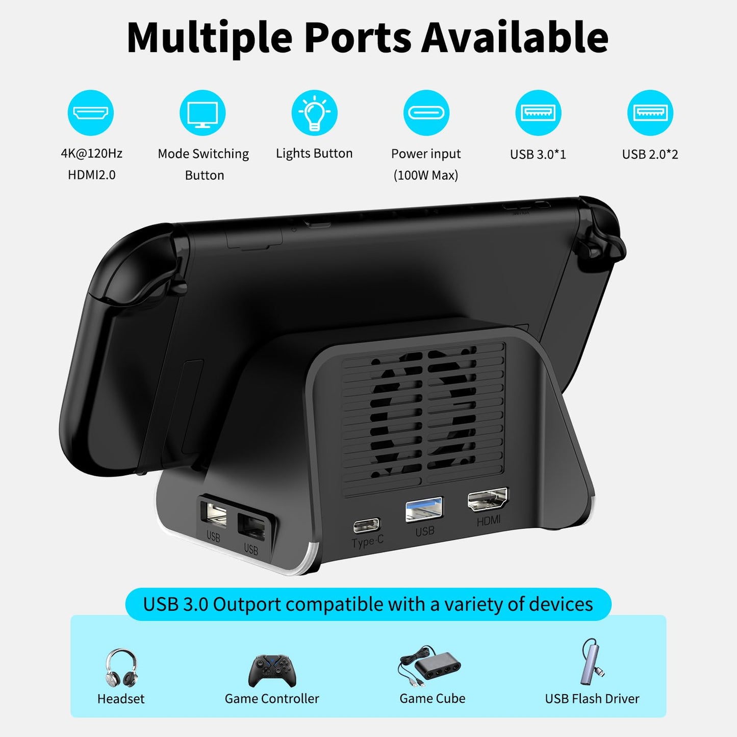 Riscvma Switch 2 Docking Station with 4K HDMI output, 100W charging, USB 3.0 ports, and cooling fan for Nintendo Switch.