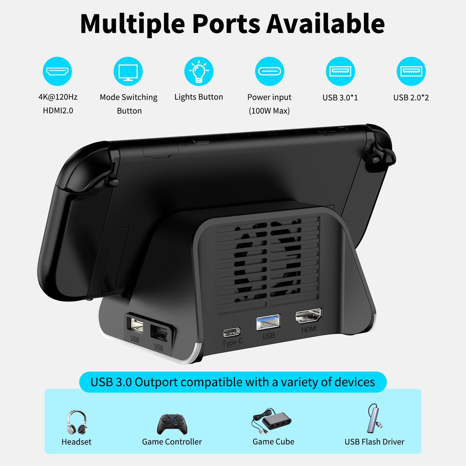 Riscvma Switch 2 Docking Station with 4K HDMI output, 100W charging, USB 3.0 ports, and cooling fan for Nintendo Switch.