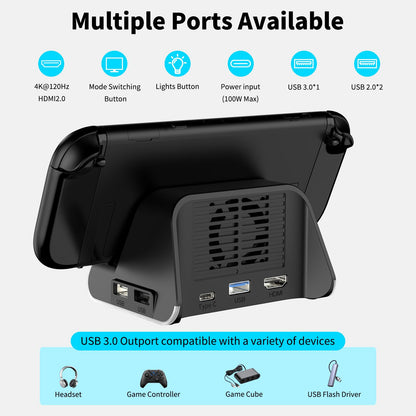 Riscvma Switch 2 Docking Station with 4K HDMI output, 100W charging, USB 3.0 ports, and cooling fan for Nintendo Switch.