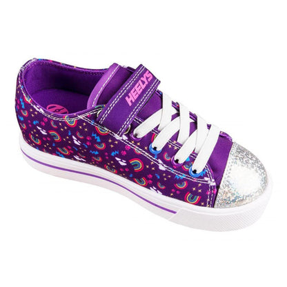 Heelys Girl's Snazzy X2 sneaker in purple multicolor with wheels, designed for children, featuring a sporty, stylish look.