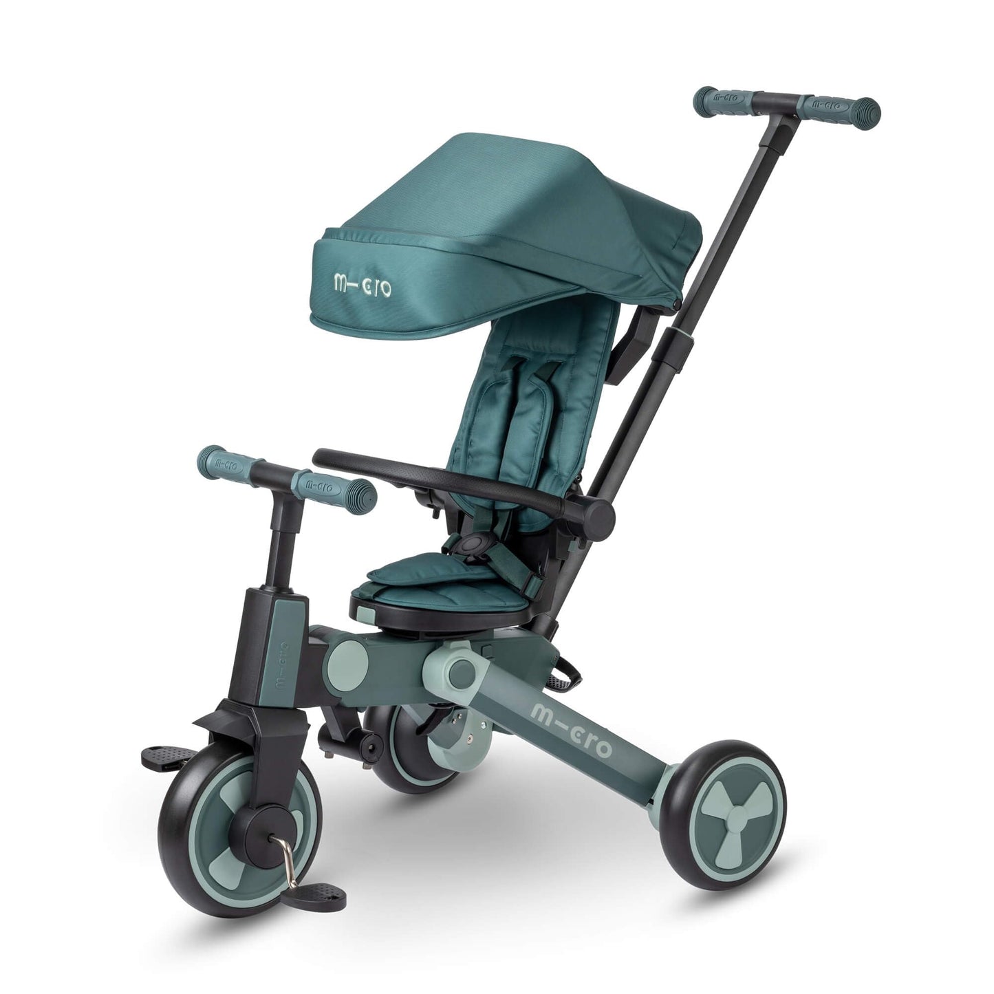 FlexiTrike foldable toddler tricycle in matcha green with parent handle and 360-degree rotation for ages 6+ months.