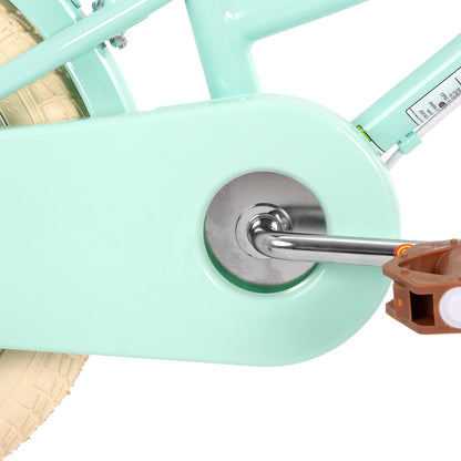 Mint green STITCH 14-inch kids bike with basket and stabilisers for girls aged 3-5, featuring a playful design.
