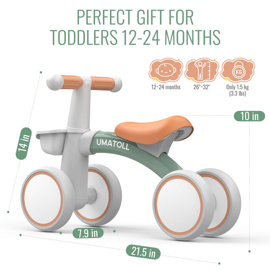 Umatoll baby balance bike in green for toddlers, featuring a removable basket and adjustable seat for 1-year-olds.
