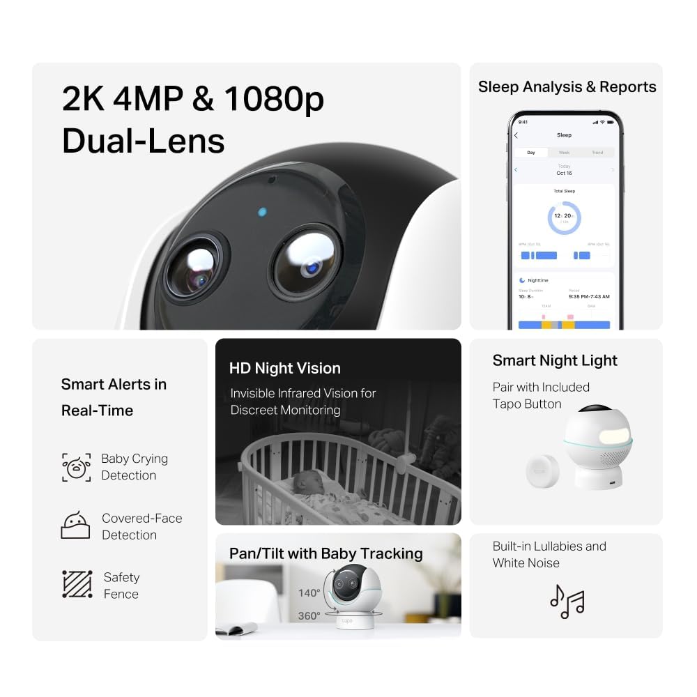 Tapo C840 2K 4MP dual-lens baby monitor security camera with night vision, AI detection, and indoor home security features.