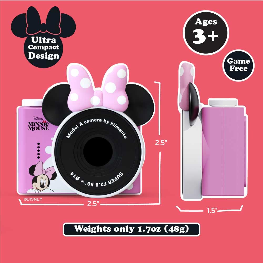 kiimento Mini Kids Digital Camera & Video Camcorder for Ages 3–5 with Selfie Lens, 32GB Memory Card, Handmade Strap – Model A (Minnie Mouse)