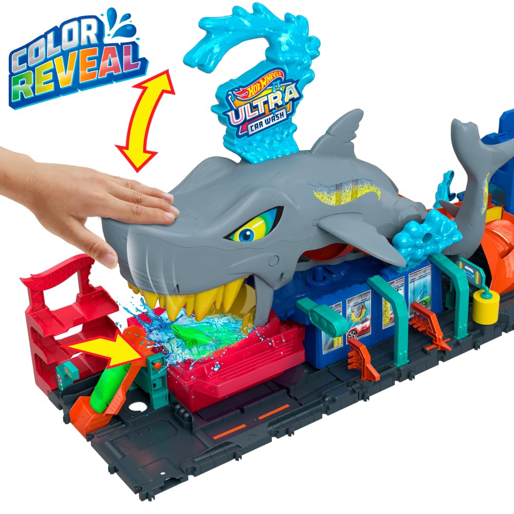 Hot Wheels Let's Race City Toy Car Track Set featuring Ultra Shark Car Wash and color-reveal 1:64 scale toy car.