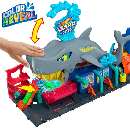 Hot Wheels Let's Race City Toy Car Track Set featuring Ultra Shark Car Wash and color-reveal 1:64 scale toy car.
