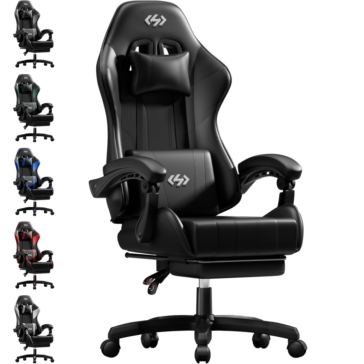 Black Precision Synergie gaming chair with ergonomic design, footrest, lumbar support, headrest, and 360° swivel for comfortable gaming.