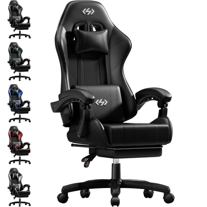 Black Precision Synergie gaming chair with ergonomic design, footrest, lumbar support, headrest, and 360° swivel for comfortable gaming.