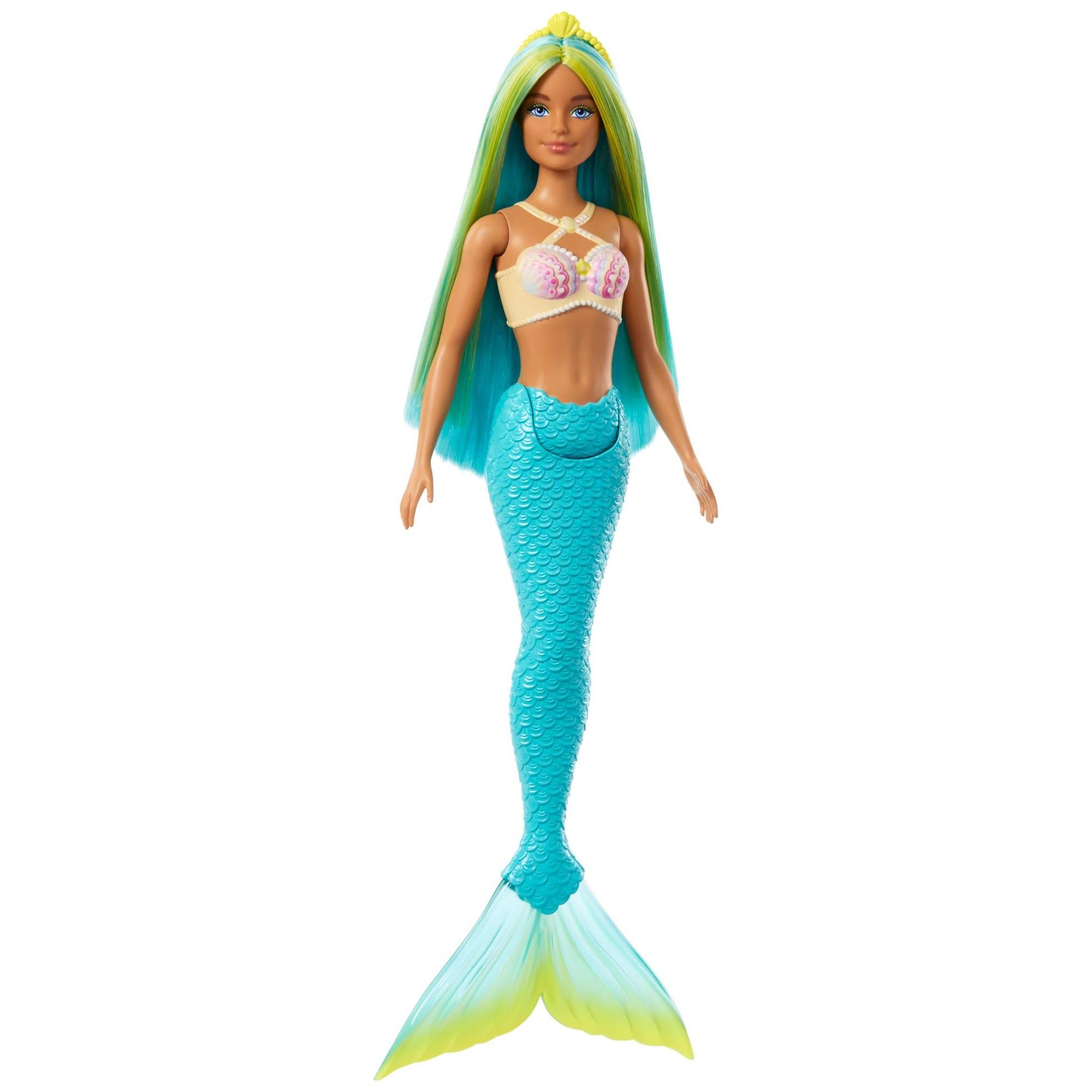 Barbie mermaid doll with two-tone blue and yellow hair, shell bodice, and turquoise tail, wearing a headband accessory.
