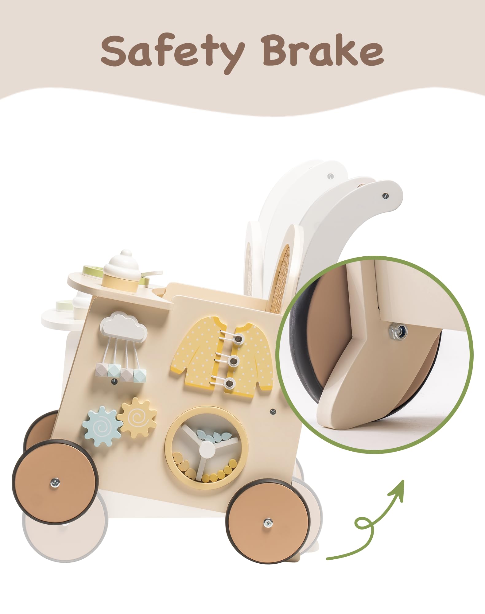 Robud wooden baby walker with activity center, push along stroller for toddlers 10+ months, featuring educational toys and safety brake.