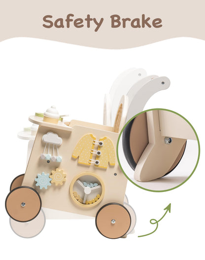 Robud wooden baby walker with activity center, push along stroller for toddlers 10+ months, featuring educational toys and safety brake.
