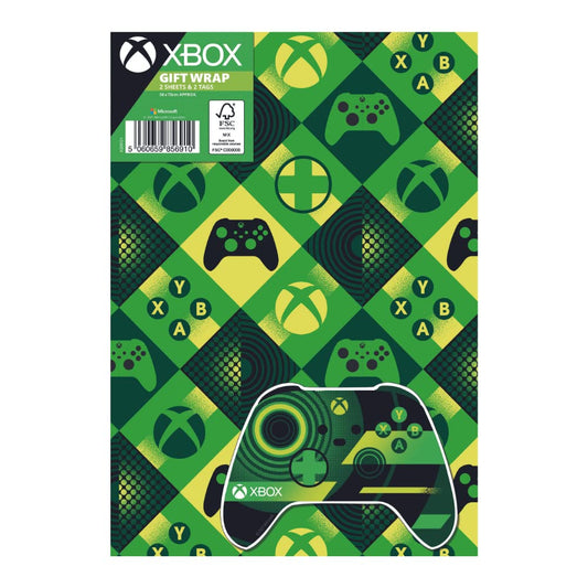 Official Xbox wrapping paper with 2 sheets and 2 tags, ideal for birthday gift wrapping, featuring Xbox-themed designs by Danilo Promotions.