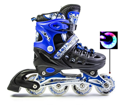 Scale Sports - Adjustuble Roller Skates with light up wheels for children and adults - Kids Inline Roller Skates (black-blue, UK 5-7 (EU 38-41) L)