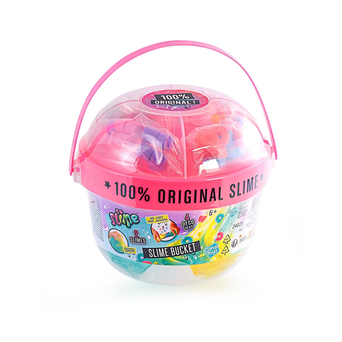 Canal Toys So Slime Mix’in Bucket with two textured slimes, charms, and decorations for kids ages 6+ in colorful packaging.