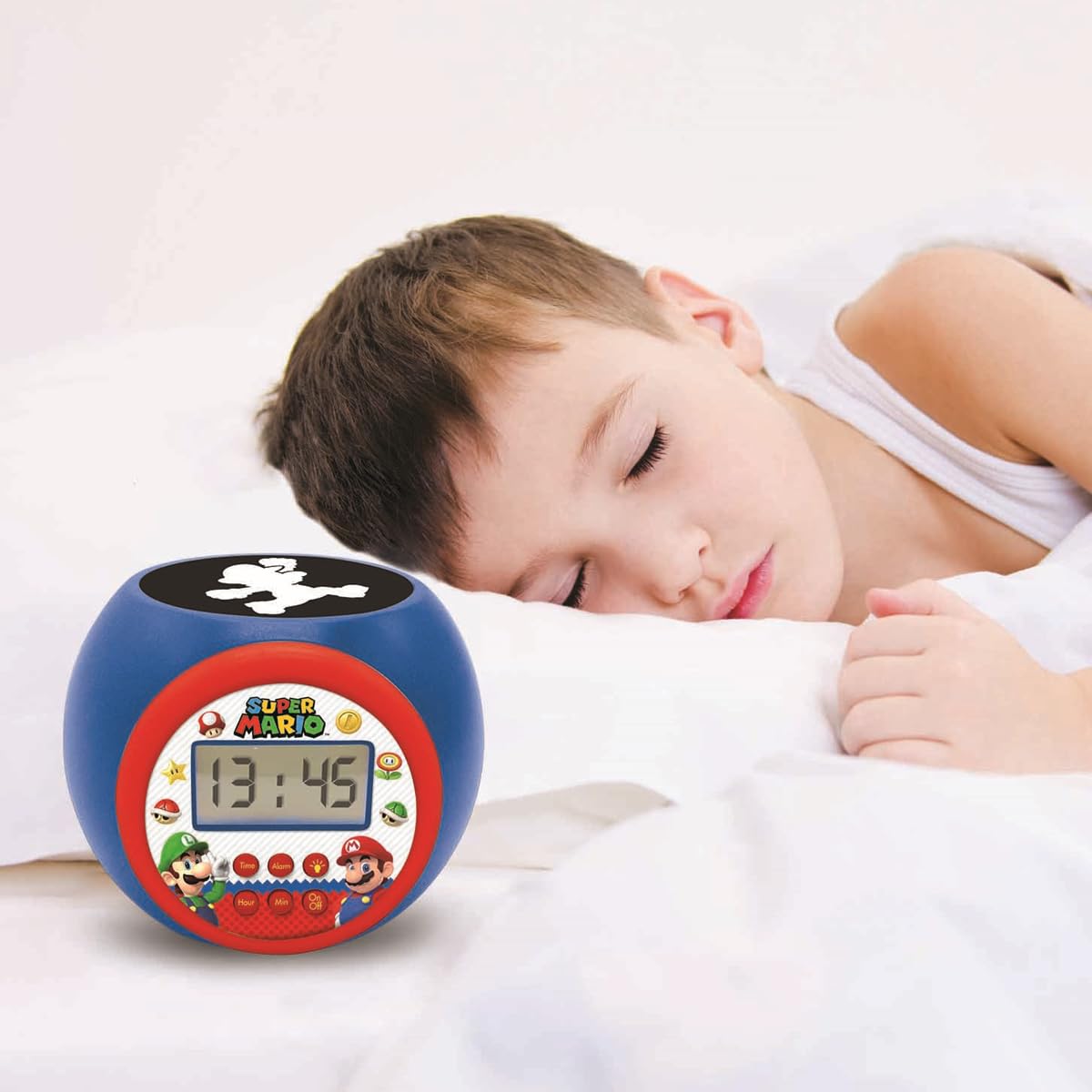 LEXIBOOK Nintendo Super Mario projector alarm clock with snooze, night light, LCD display, and battery operation.