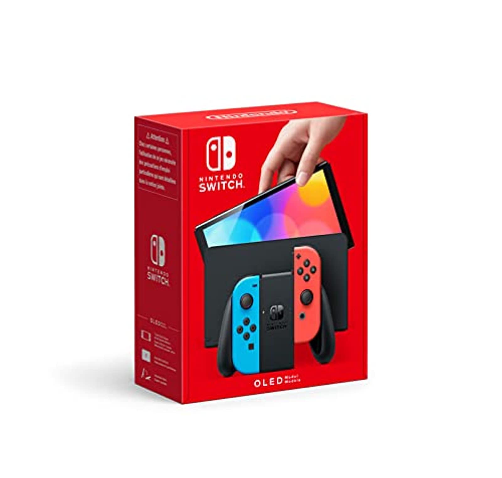 Nintendo Switch OLED Model in neon blue and neon red Joy-Con controllers, showcasing the gaming console with vibrant colors.