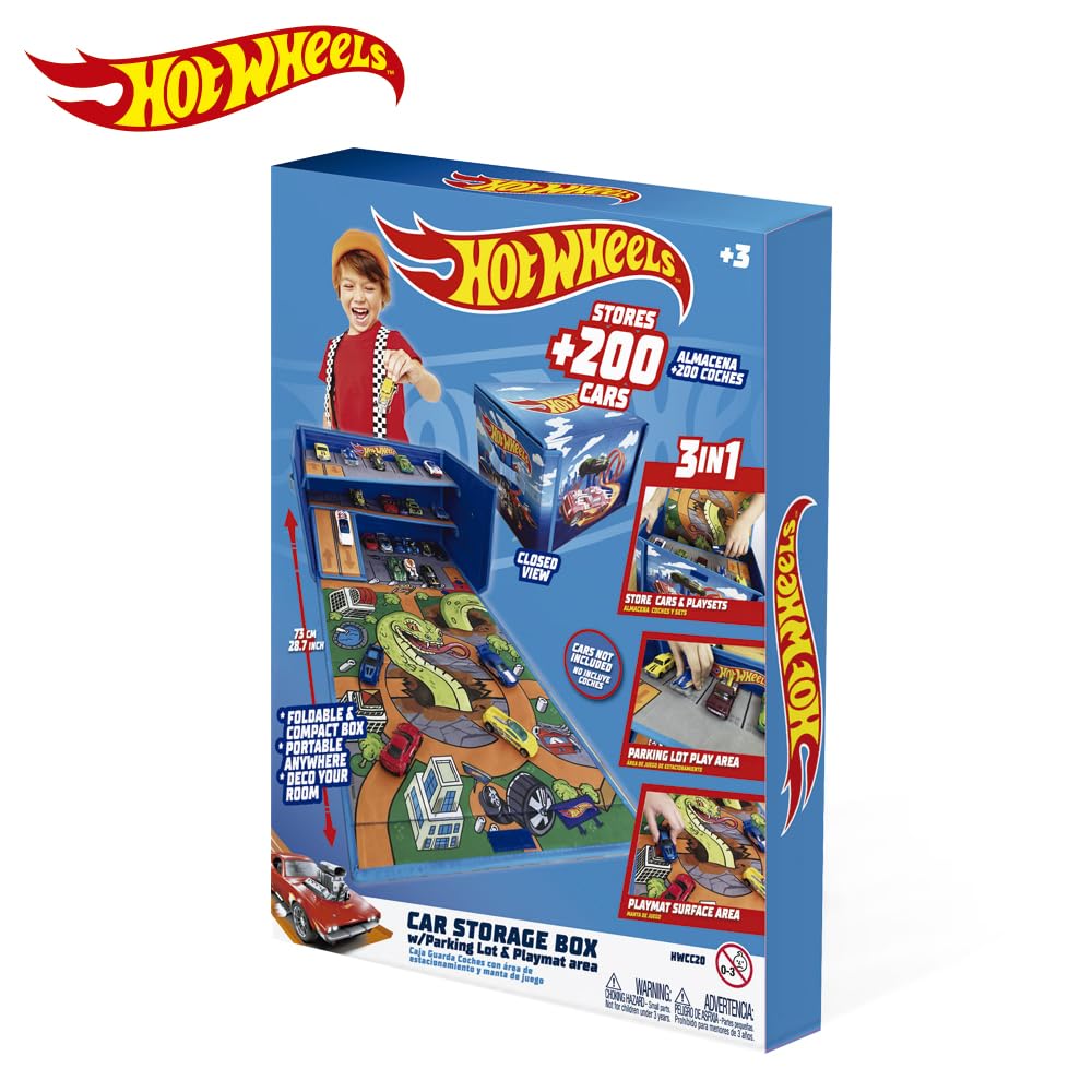 Hot Wheels 3-in-1 collapsible car storage box with playmat and speed roads, ideal for organizing toy cars.