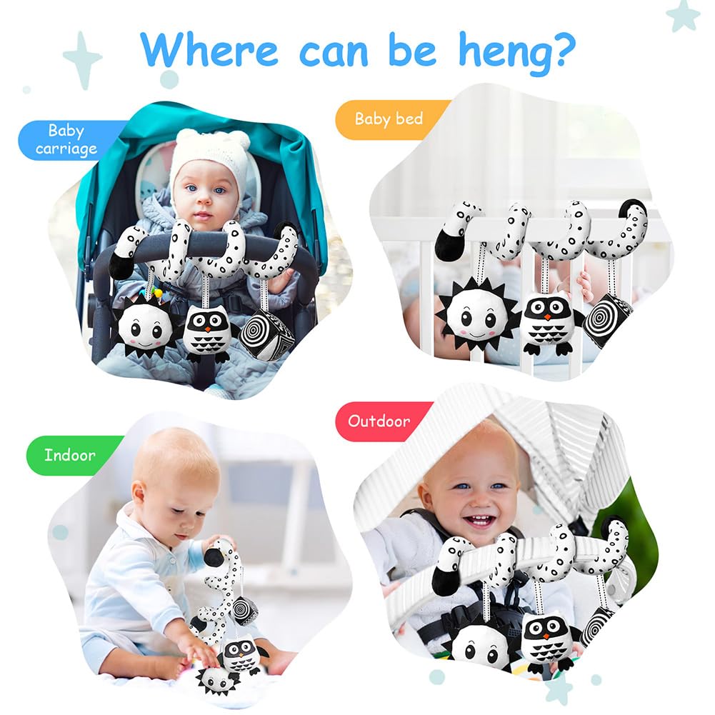 Aolso spiral owl hanging toy in black and white with ringing bell, designed for car seat and crib sensory activity and early education.