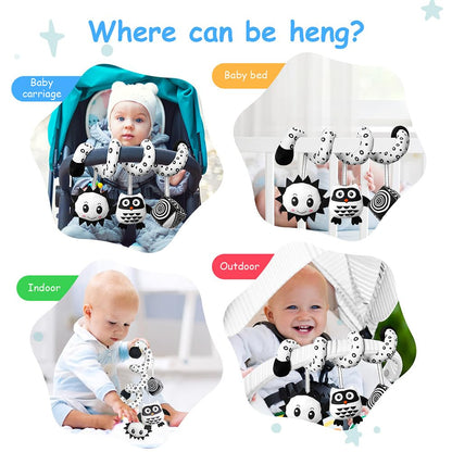 Aolso spiral owl hanging toy in black and white with ringing bell, designed for car seat and crib sensory activity and early education.