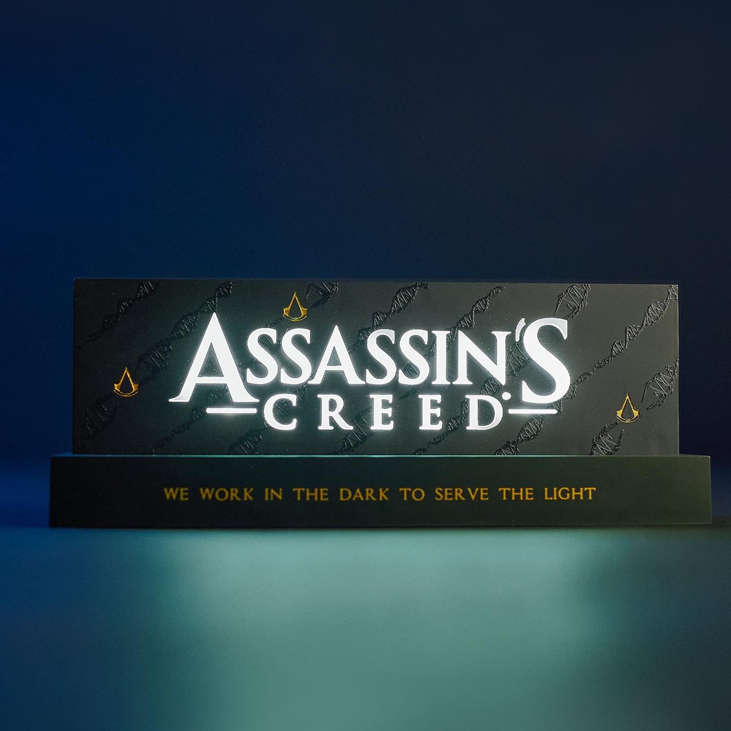 Neamedia Assassin's Creed logo LED lamp, black design, ideal for living room or office, compatible with mobile, Xbox, PS5, and PC.