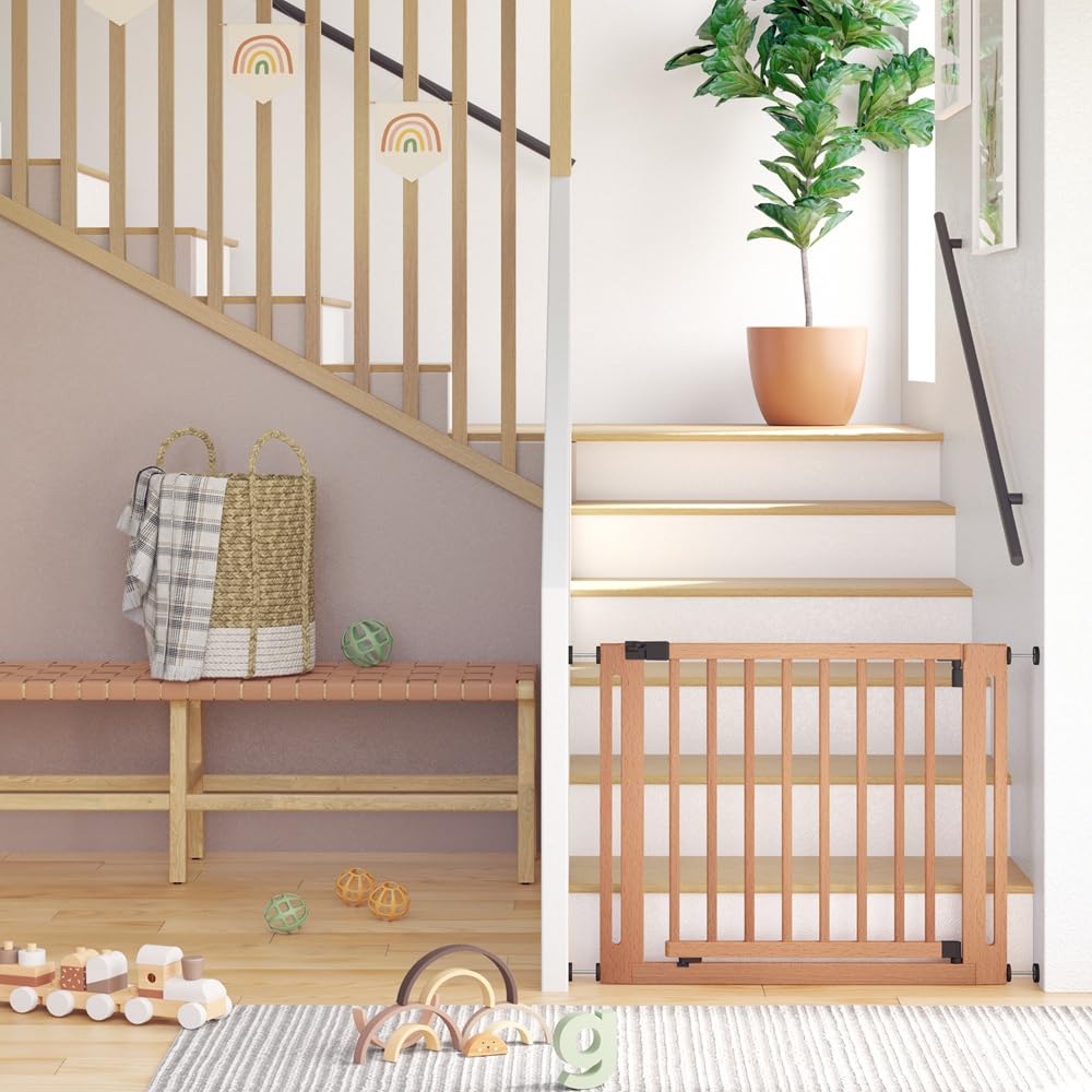 Safetots Wooden Elegance safety gate in natural finish, pressure fit, 79-87cm, with extra-wide 57cm doorway, stylish and easy to install.