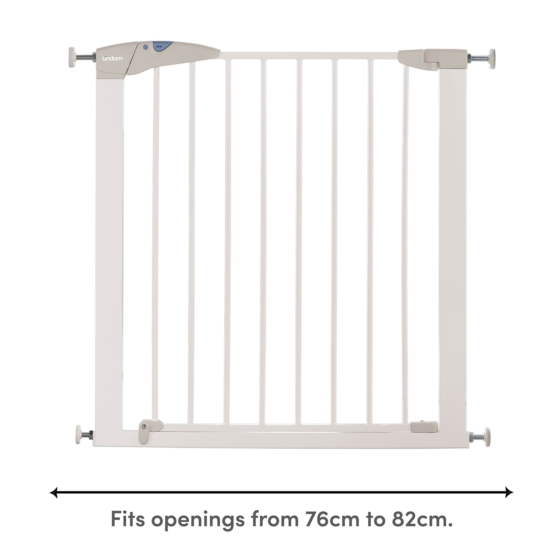Munchkin Lindam Sure Shut Axis pressure-fit baby gate in white, installed on stairs with no screws, suitable for doorways.