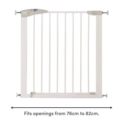 Munchkin Lindam Sure Shut Axis pressure-fit baby gate in white, installed on stairs with no screws, suitable for doorways.