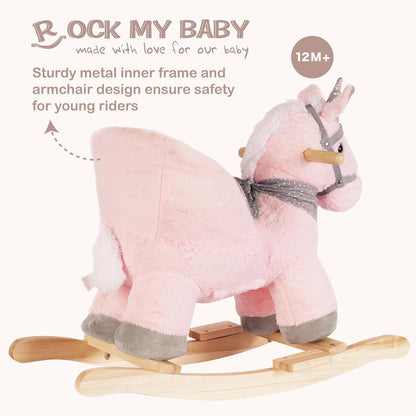 Rock My Baby Plush Rocking Horse - Soft Stuffed Body,Safety Seat Chair, Wooden Rockers, Music Button – Toddler Ride-On Toy for Ages 1–3 (pink)