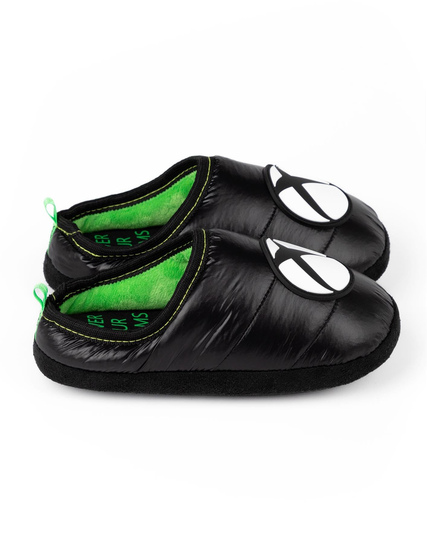 Black and green Xbox slippers for kids and teens with game console logo, slip-on loafers for boys and girls.