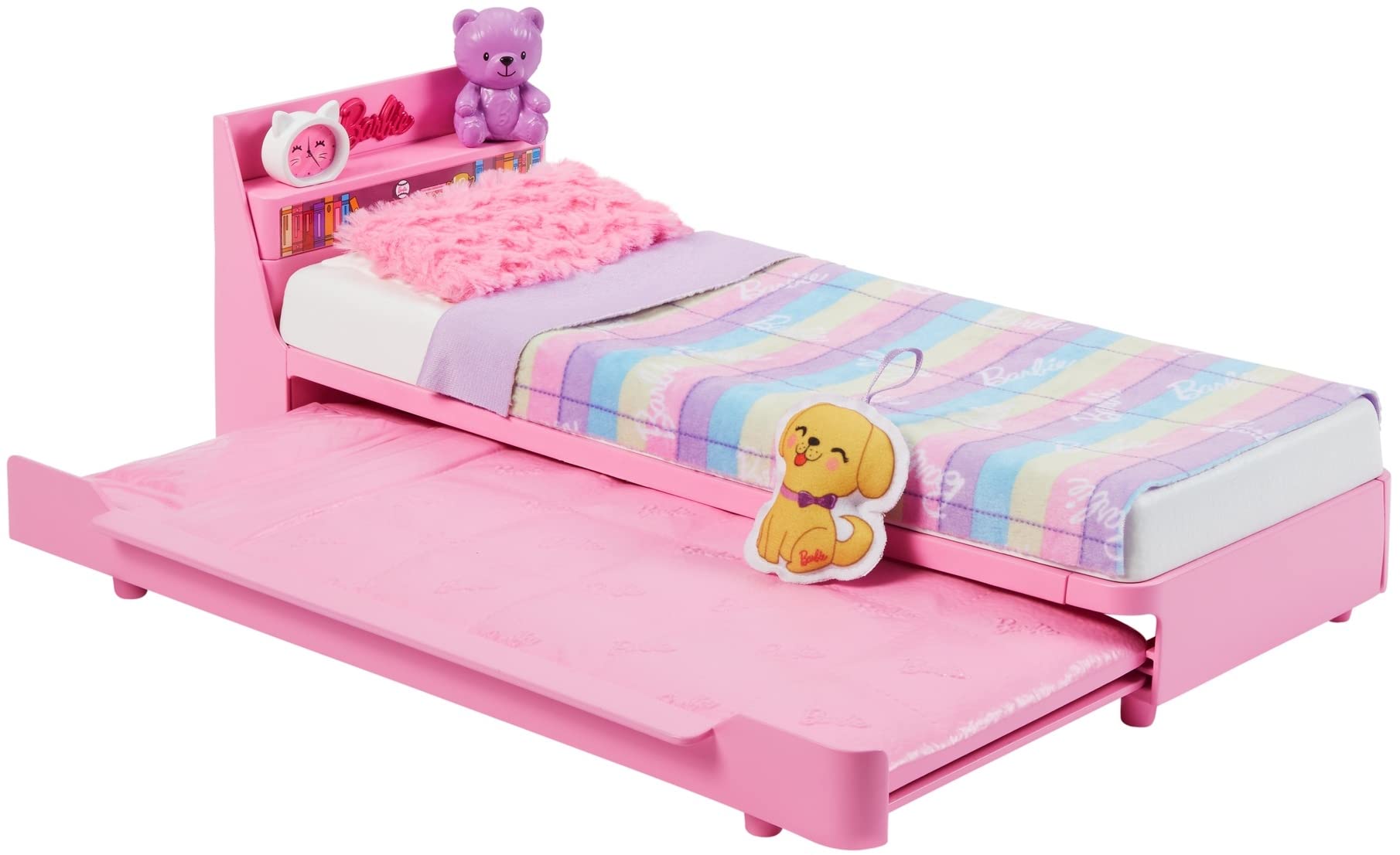 Barbie Bedtime Playset featuring a trundle bed, plush puppy, and bedtime accessories for preschoolers aged 3 and up.