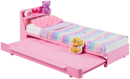 Barbie Bedtime Playset featuring a trundle bed, plush puppy, and bedtime accessories for preschoolers aged 3 and up.