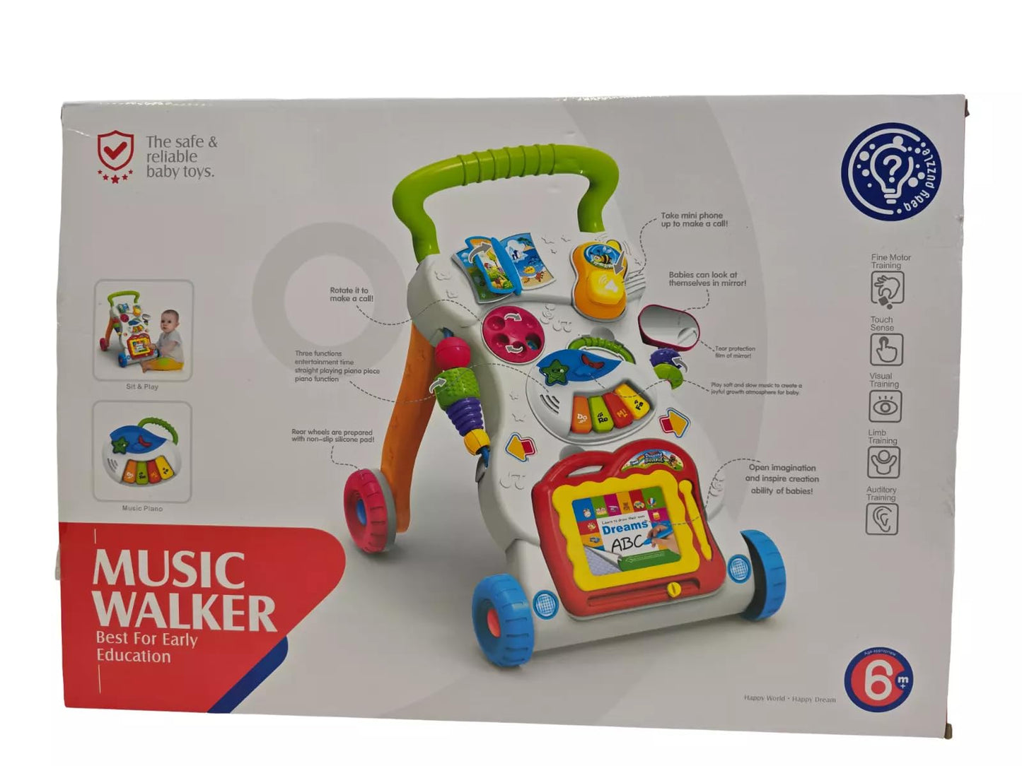 CELINO baby walker with shape sorting, lights, and music for 6 months to 3 years, designed to support first steps and pretend play.