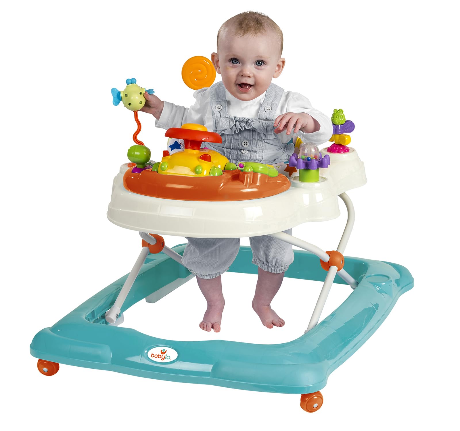 Babylo Twist About baby walker with activities, electronic games, height adjustment, and padded 120-degree swivel seat.