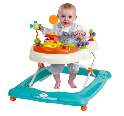 Babylo Twist About baby walker with activities, electronic games, height adjustment, and padded 120-degree swivel seat.